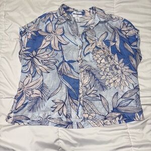 H by Halston Womens Button Down Linen Shirt Blue White Floral Large